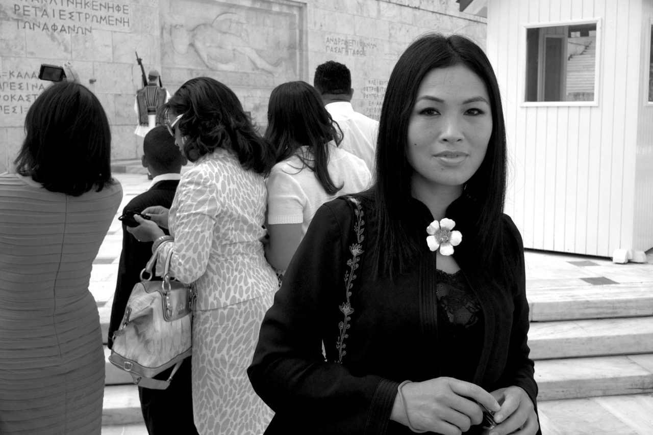 Black and white portrait of Grace Chang in Athens, Greece